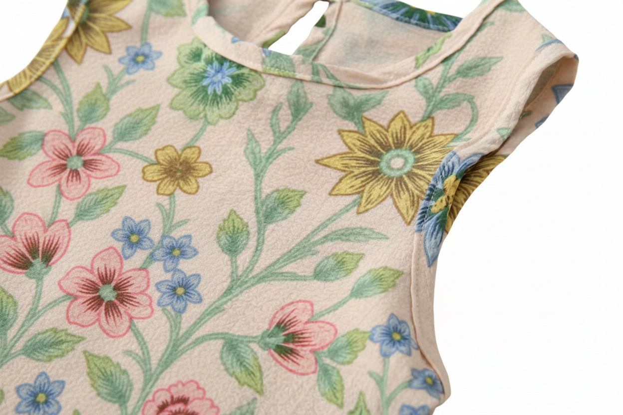 Floral-patterned fabric on a wooden surface