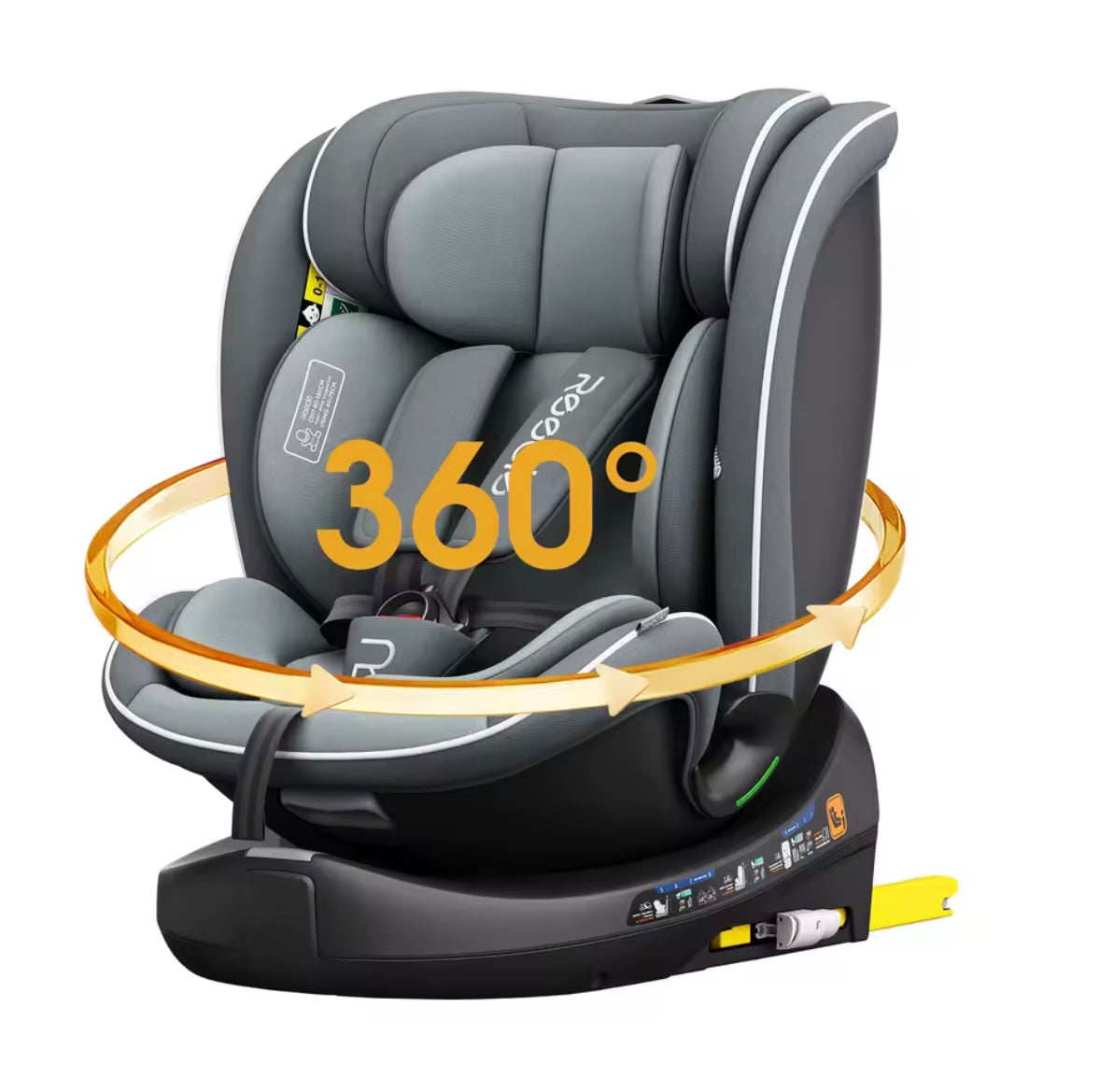 Gray car seat with 360-degree rotation feature on a white background