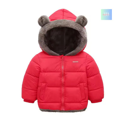 Red children's puffer jacket with bear ears on a white background