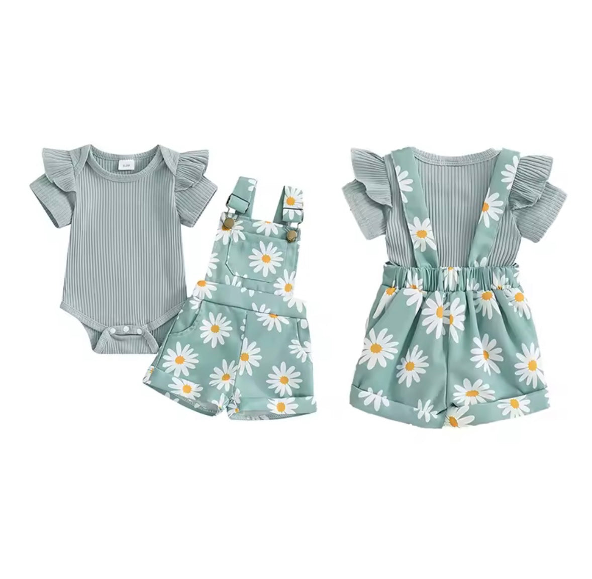 Baby Toddler Girls Ribbed Romper & Dungaree Shorts Set. 3 Colours 3M-18M
