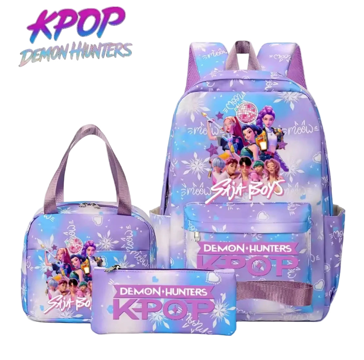 Kids K-Pop Demon Hunters School Bag 3 Piece Set. 4 Colours