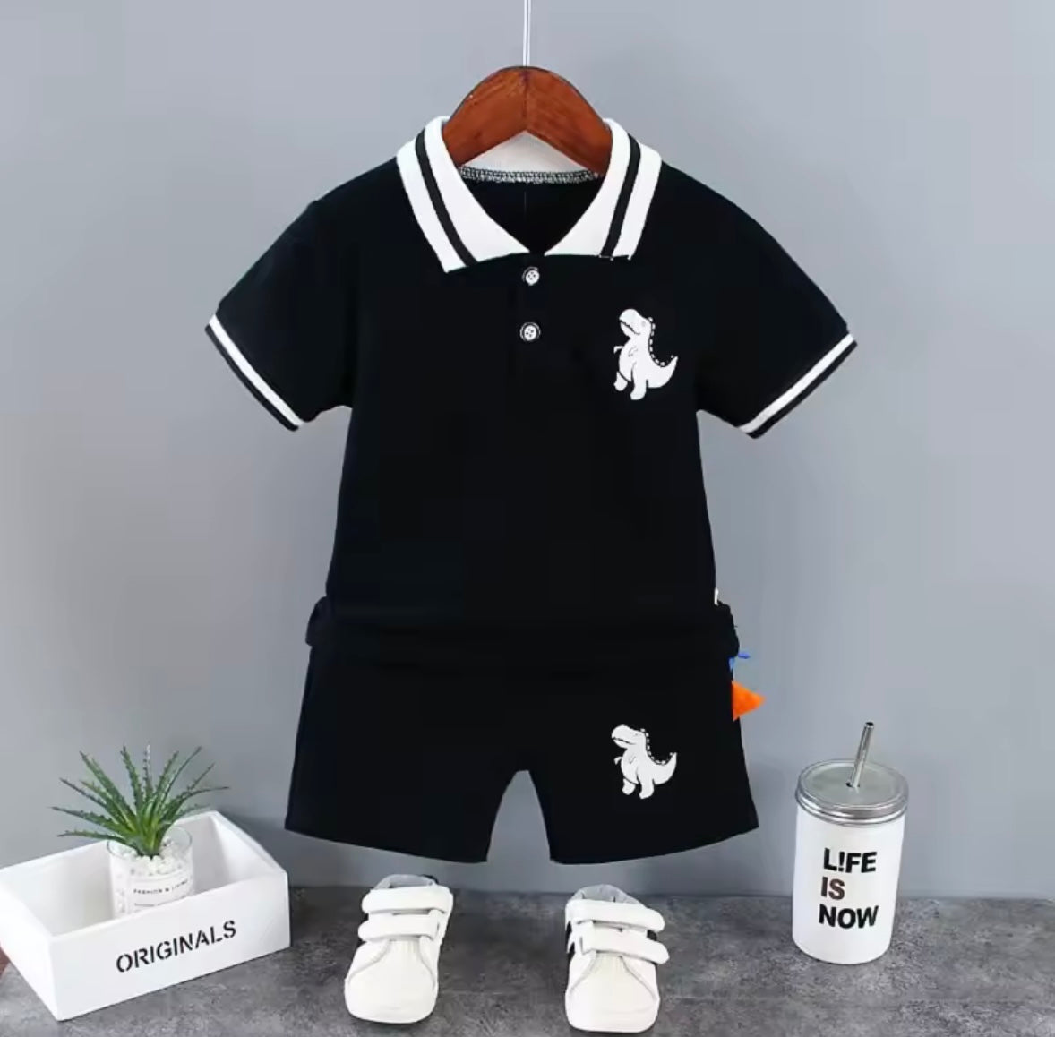 Kids Boys Lightweight Dinosaur Polo Shirt & Shorts Set. 3 Colours 12M-5Y