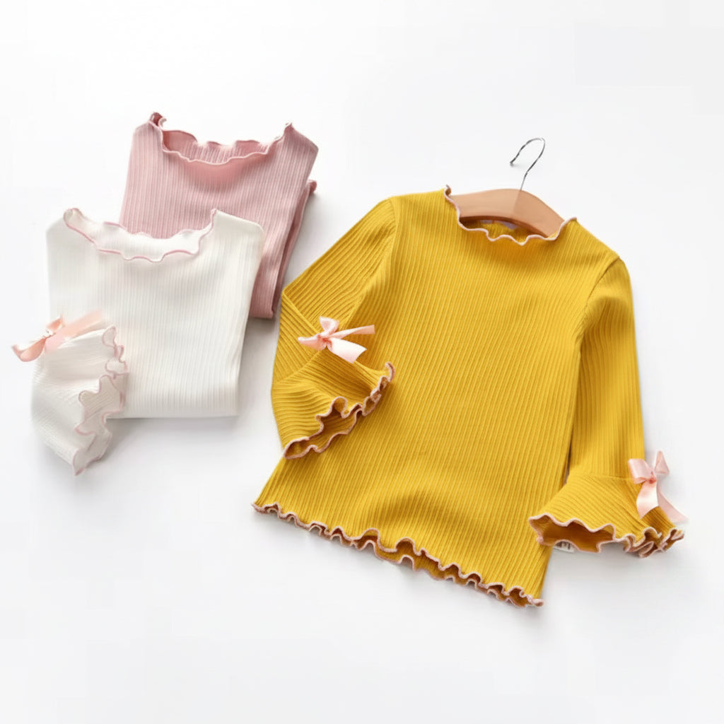 Kids Girls Ribbed Long Sleeve Bowknot Top. 3 Colours 2-8Y