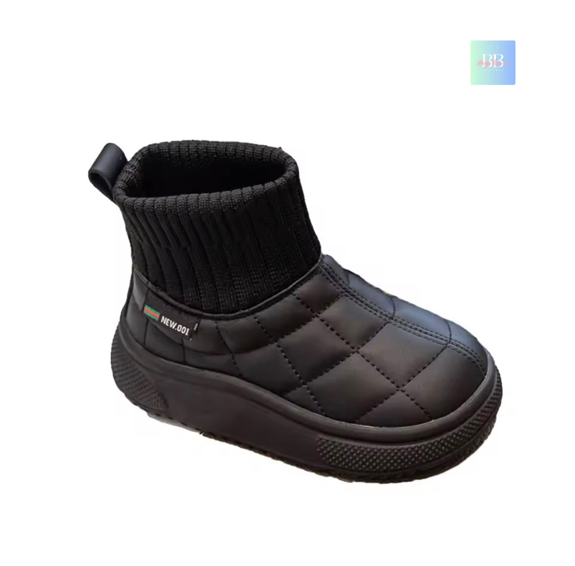 Black winter boot with quilted design on a white background