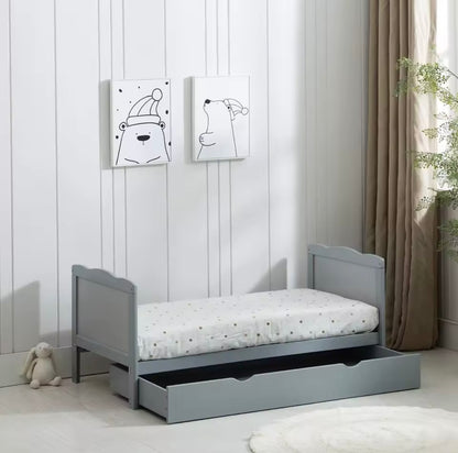 Baby Toddler Wooden Cot Bed with Waterproof Mattress & Drawer Colour Grey