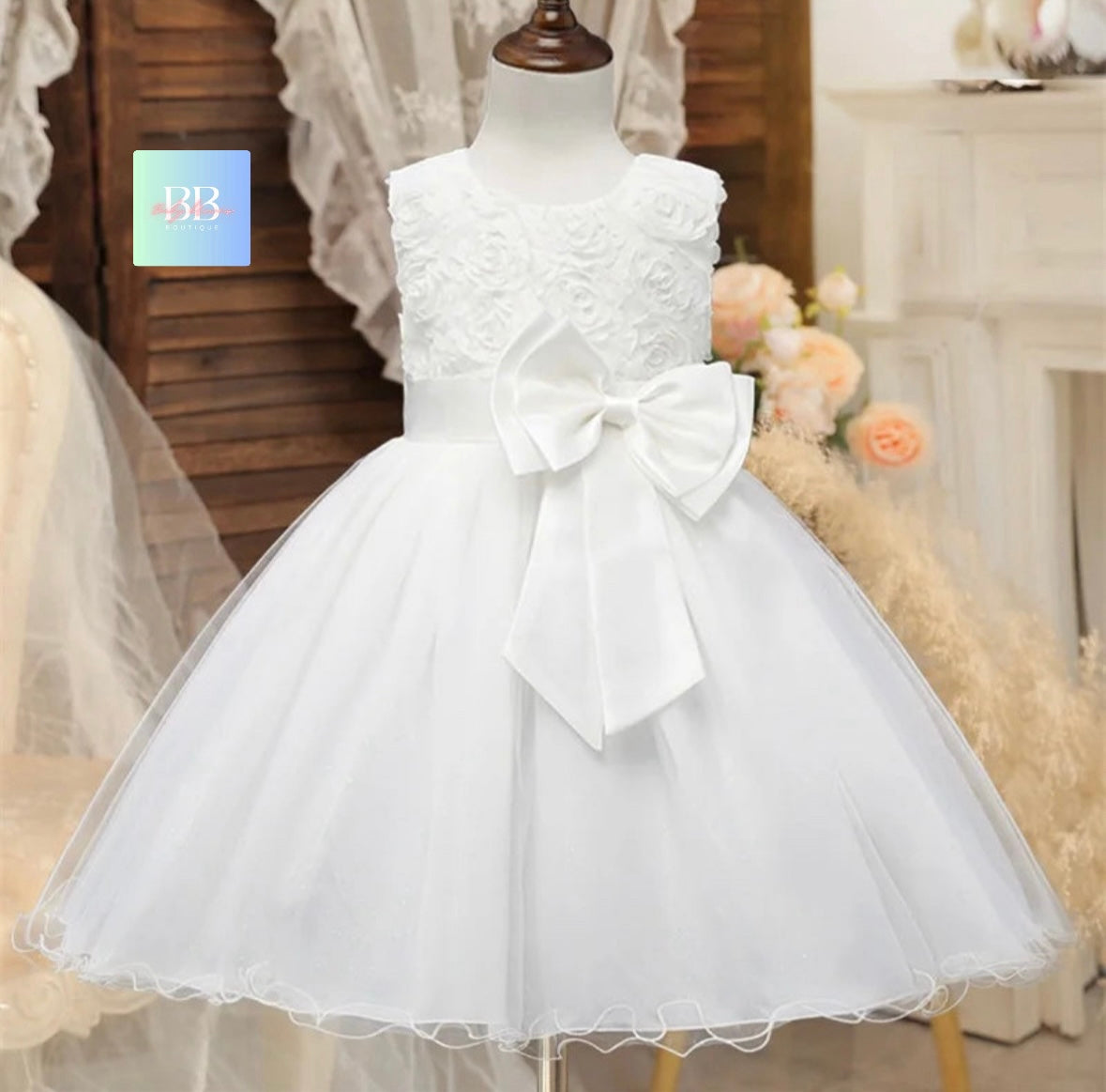 kids Lace Formal Dress with Flower Design, front Bow & Mesh Skirt. 5 colours, 4-10Y.