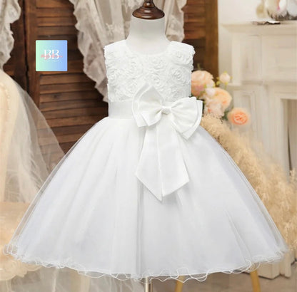 kids Lace Formal Dress with Flower Design, front Bow & Mesh Skirt. 5 colours, 4-10Y.