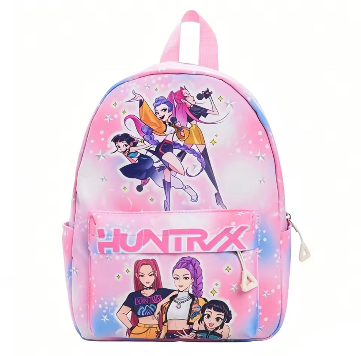 Backpack with animated character design on a white background