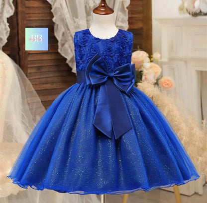 kids Lace Formal Dress with Flower Design, front Bow & Mesh Skirt. 5 colours, 4-10Y.
