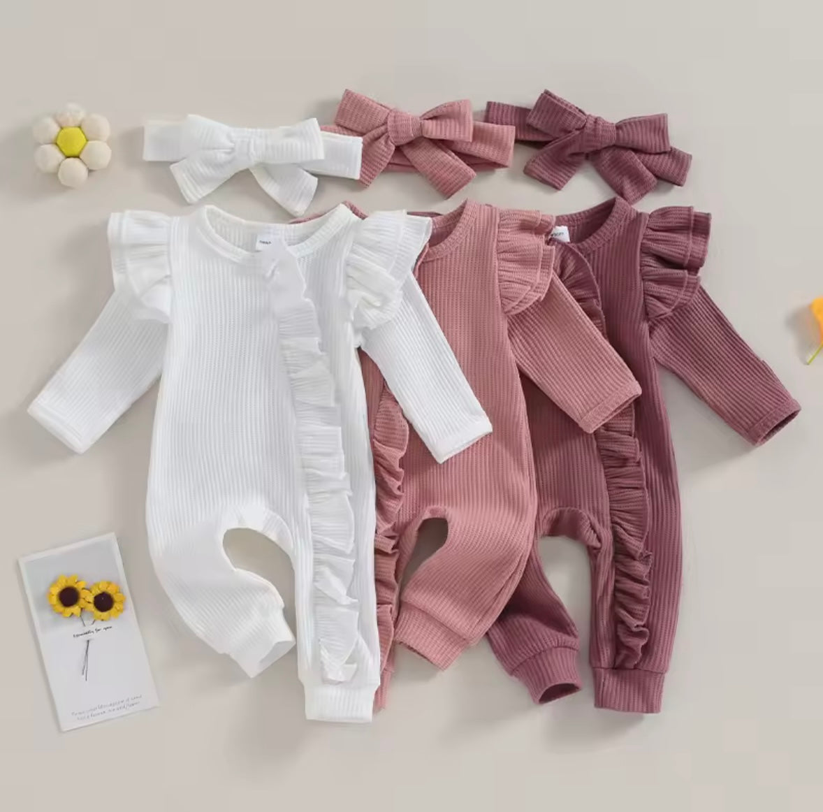 Baby Toddler Girls Ribbed Ruffle Romper & Headband Set. 3 Colours Newborn-12M