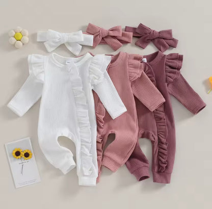 Baby Toddler Girls Ribbed Ruffle Romper & Headband Set. 3 Colours Newborn-12M