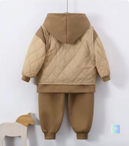 Children's quilted jacket and pants set in beige and brown on a white background