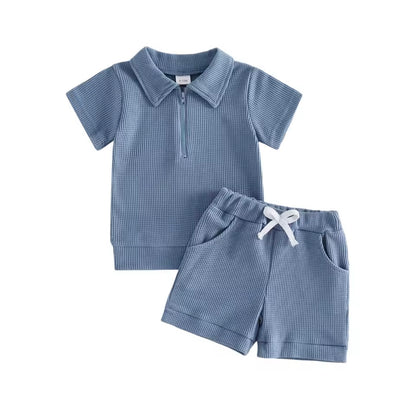 Kids Boys Half Zip Lapel Collar T-shirt & Matching Shorts Set. 2 Colours 6M-4Y