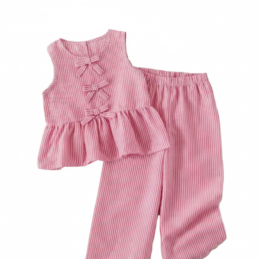 Kids Girls Pinstripe Sleeveless Bowknot Top & Wide Leg Trousers. 2 Colours 3-7Y