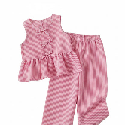 Kids Girls Pinstripe Sleeveless Bowknot Top & Wide Leg Trousers. 2 Colours 3-7Y