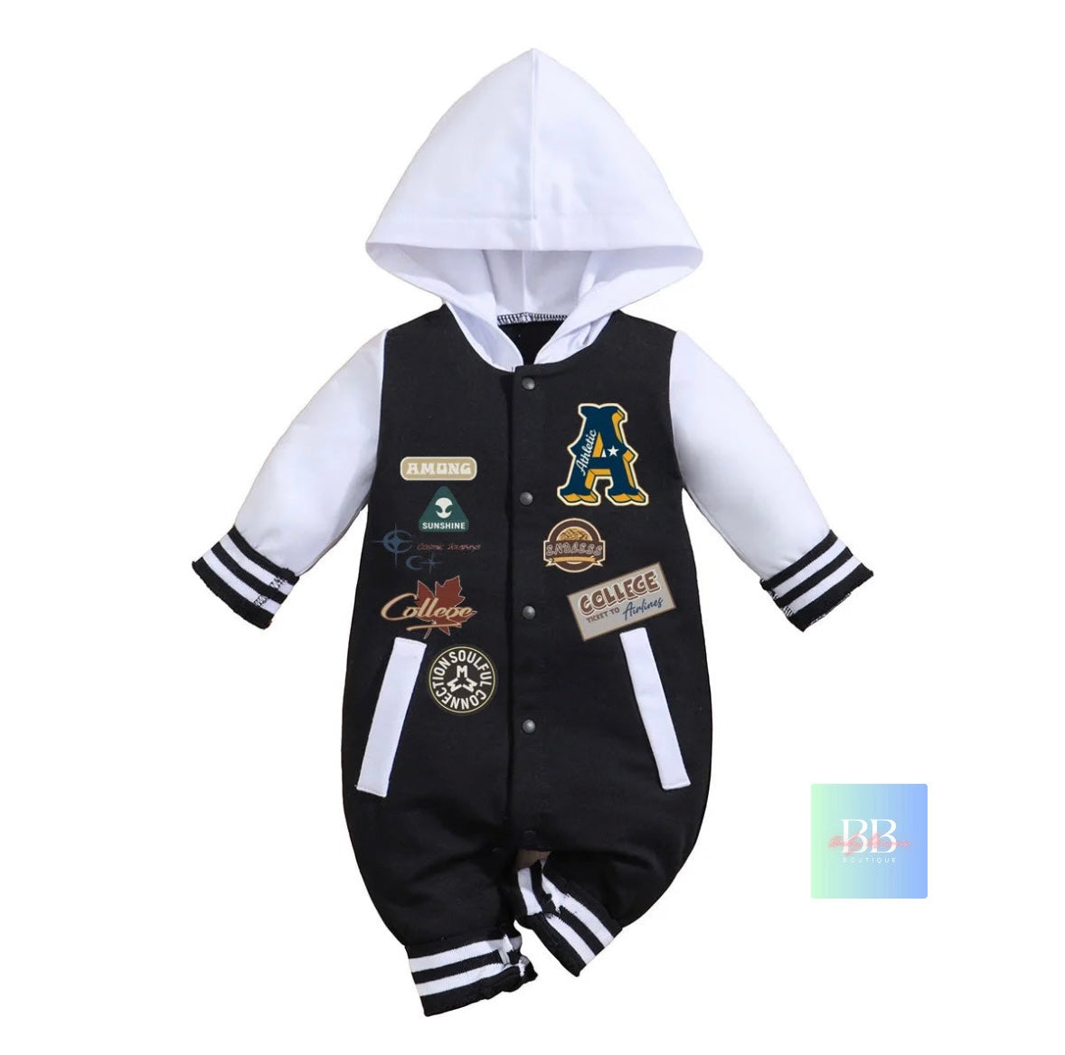 Baby Boys Baseball Romper, Long Sleeve with Hood 0-18M