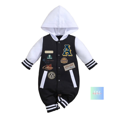 Baby Boys Baseball Romper, Long Sleeve with Hood 0-18M