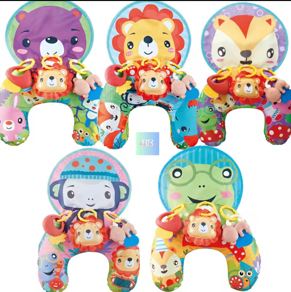 Colorful letter-shaped toys with animal designs on a white background