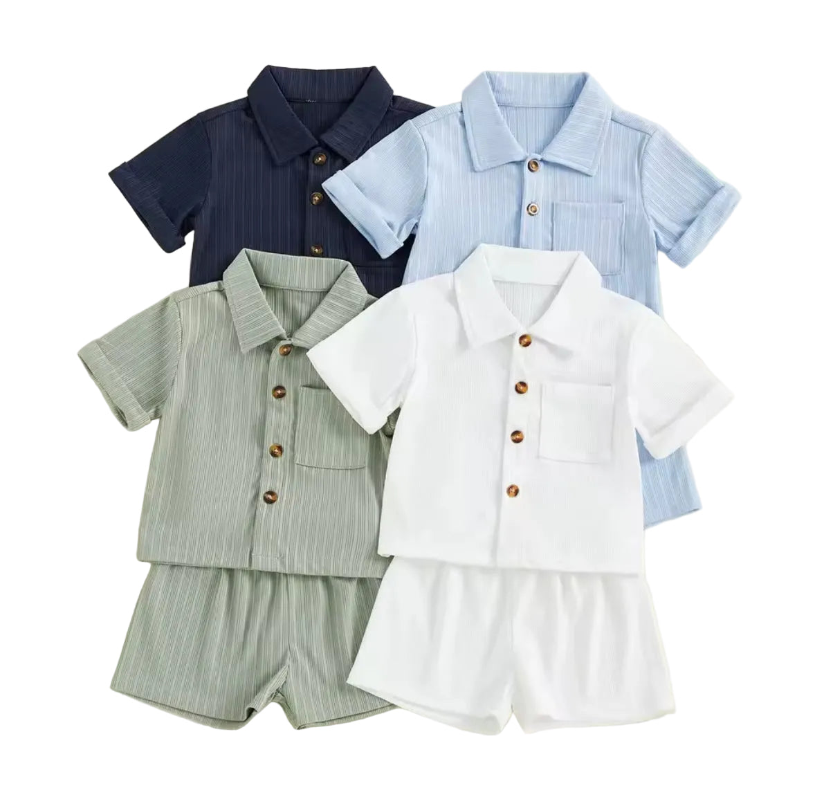 Set of children's shirts and shorts in various colors on a light background