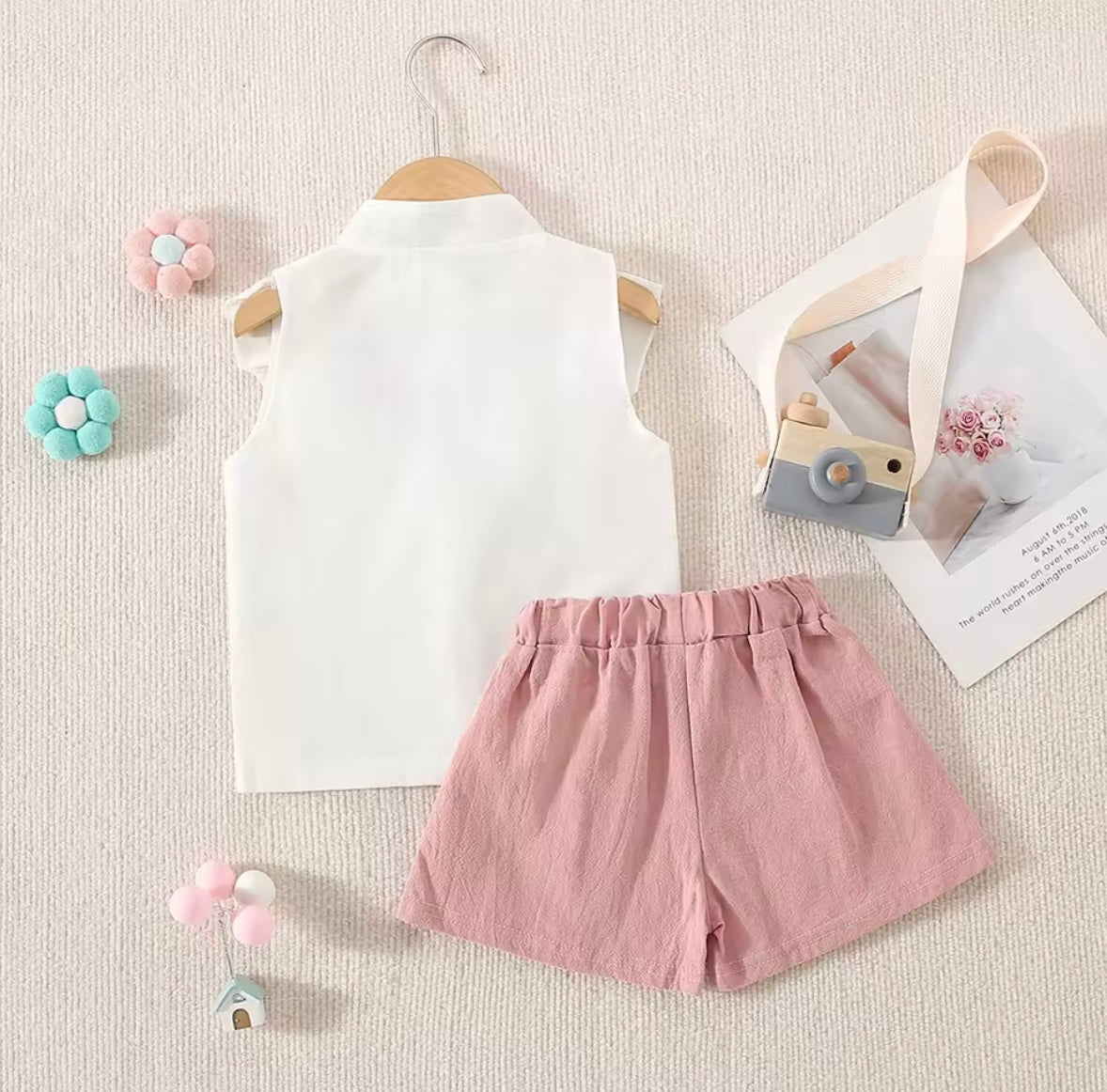 Baby Toddler Girls Sleeveless Cotton Shirt & Linen Shorts Set. 2 Colours 9M-3Y