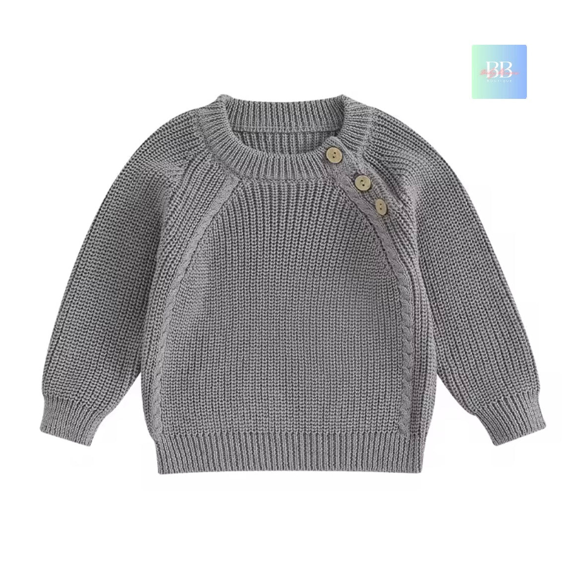 Gray knitted sweater with buttons on a white background