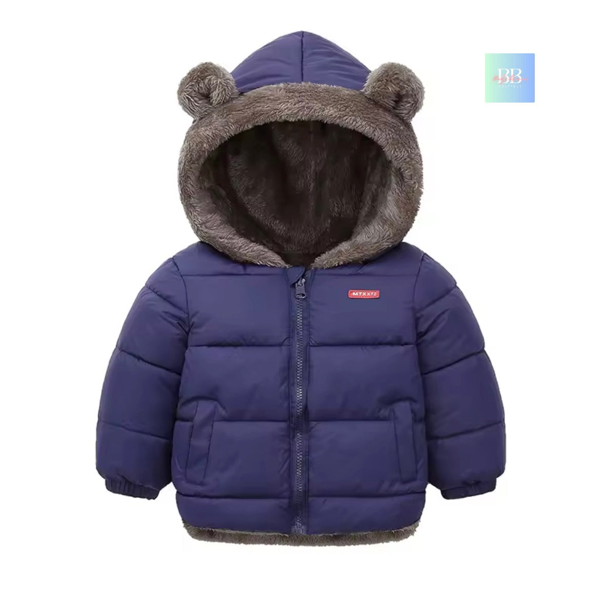 Blue children's puffer jacket with bear ears on a white background