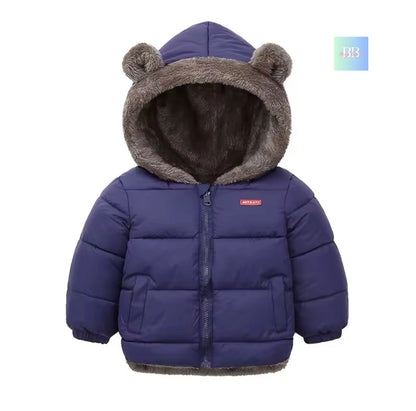 Blue children's puffer jacket with bear ears on a white background
