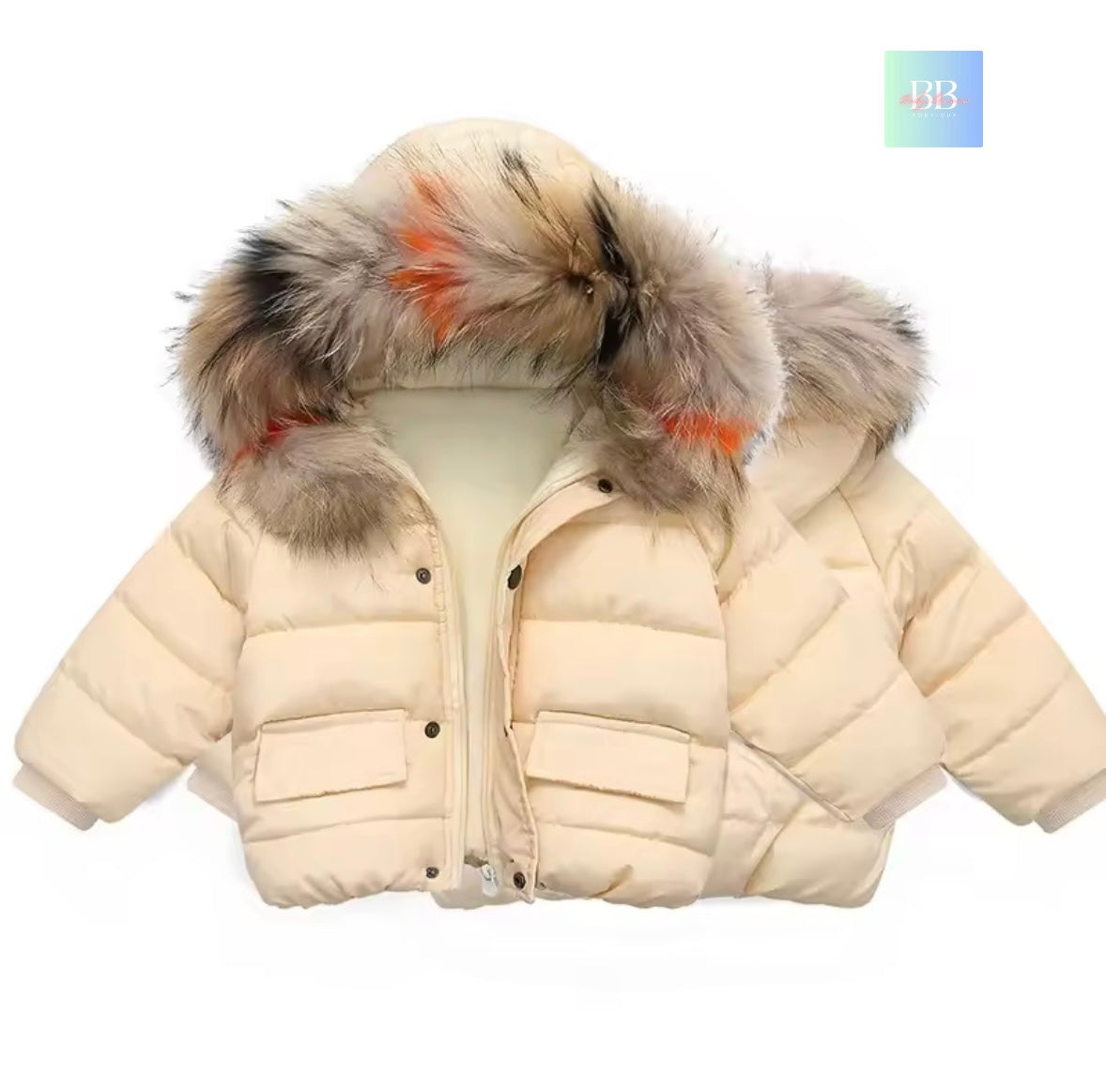 Beige puffer jacket with fur hood on a white background