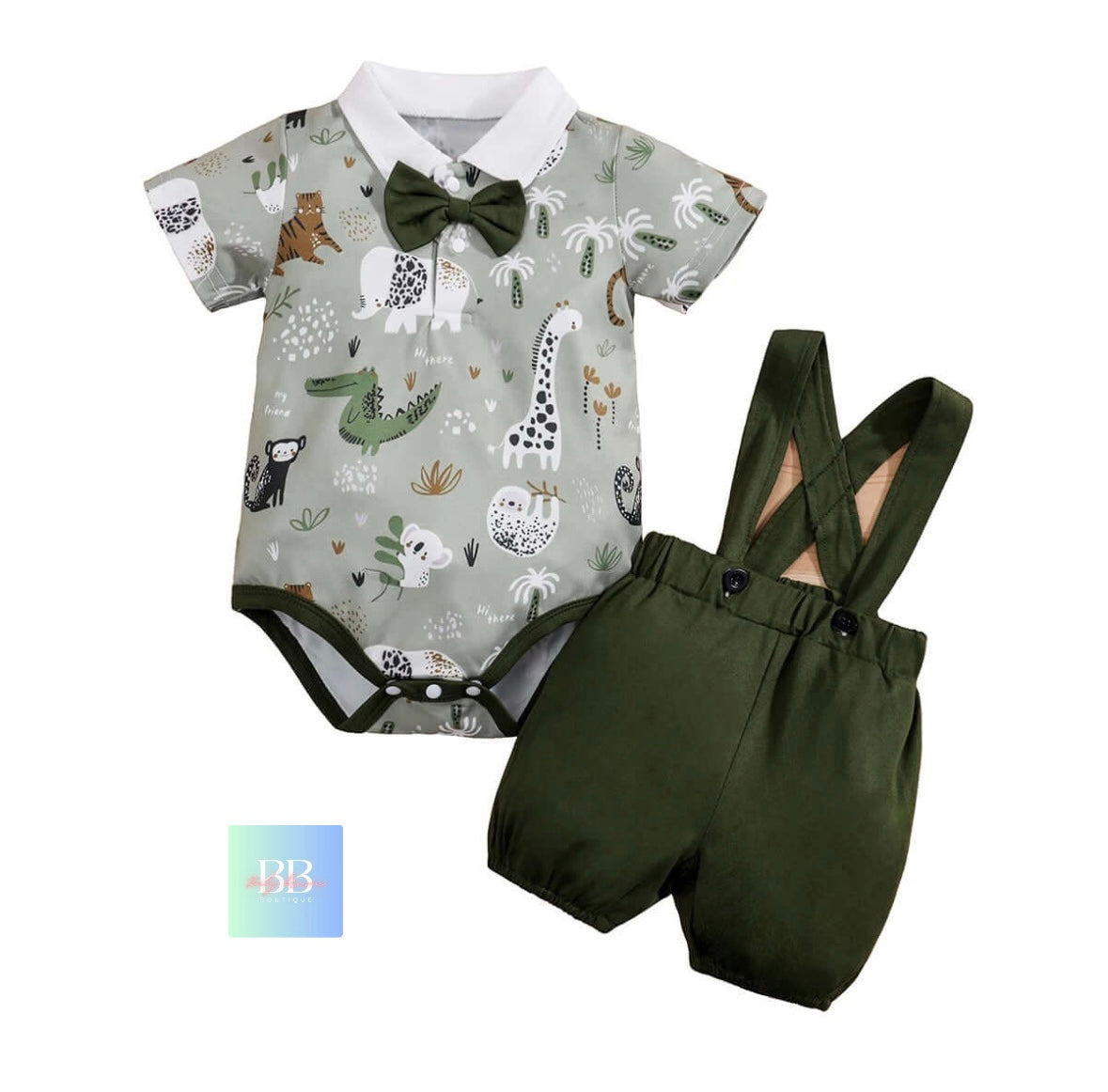 Baby/Toddler Dungaree Shorts & Romper Bodysuit with Bow Tie Boys Set. 0-18 Months