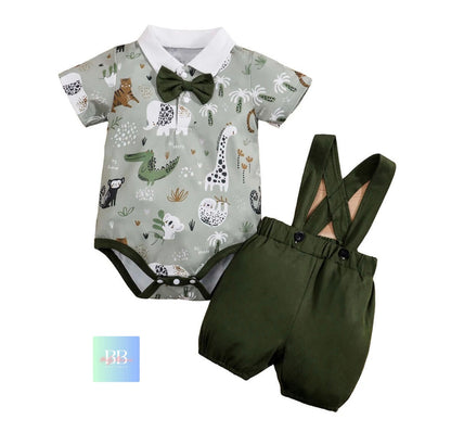 Baby/Toddler Dungaree Shorts & Romper Bodysuit with Bow Tie Boys Set. 0-18 Months