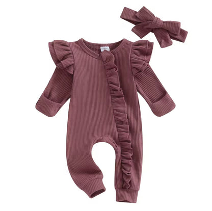 Baby Toddler Girls Ribbed Ruffle Romper & Headband Set. 3 Colours Newborn-12M