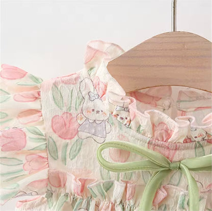 Kids Girls Lightweight Floral Rabbit Print Summer Dress. 9M-4Y