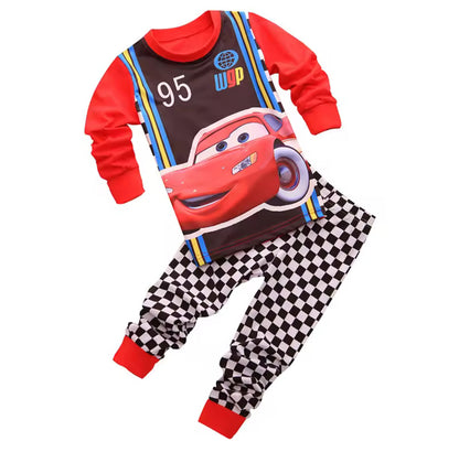 Children's pajama set with cartoon car design on a white background
