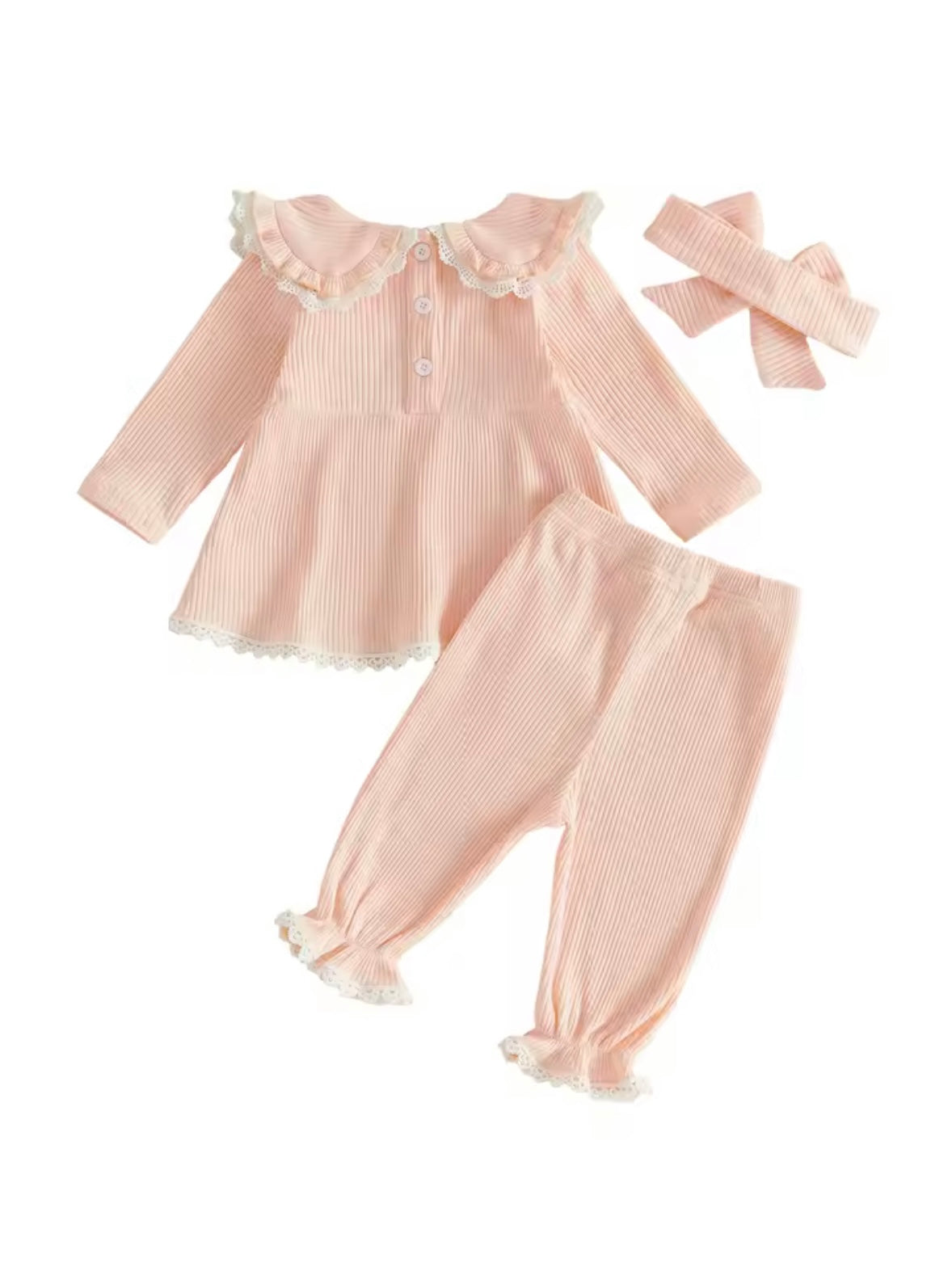 Baby Toddler Girls Ribbed Lace Trim Top Trousers & Headband Set. 3 Colours 6M-3Y