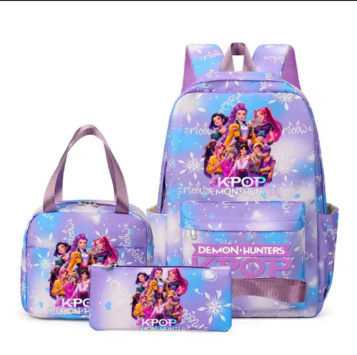 Kids K-Pop Demon Hunters School Bag 3 Piece Set. 4 Colours