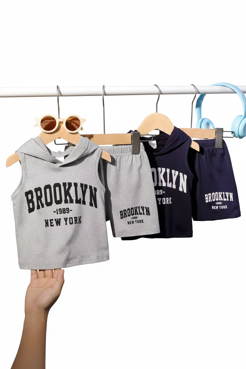 Kids Casual Hooded Sports Vest Top & Shorts 4 pcs Mix & Match Set. 2 Colours 6M-3Y