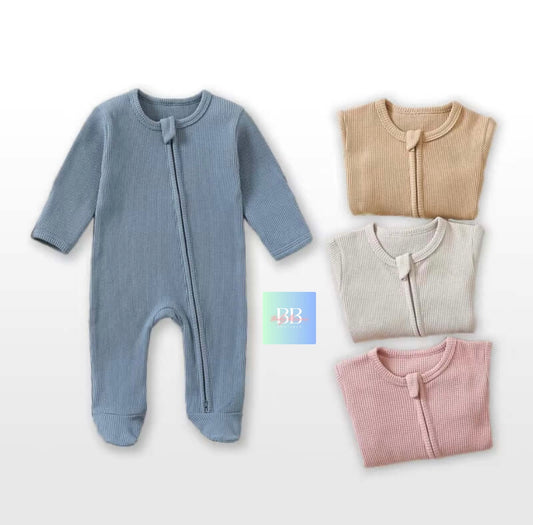 Organic waffle Cotton Baby Rompers with zip. Footed Long-Sleeve Sleepsuits 3-12M, 4 colours.