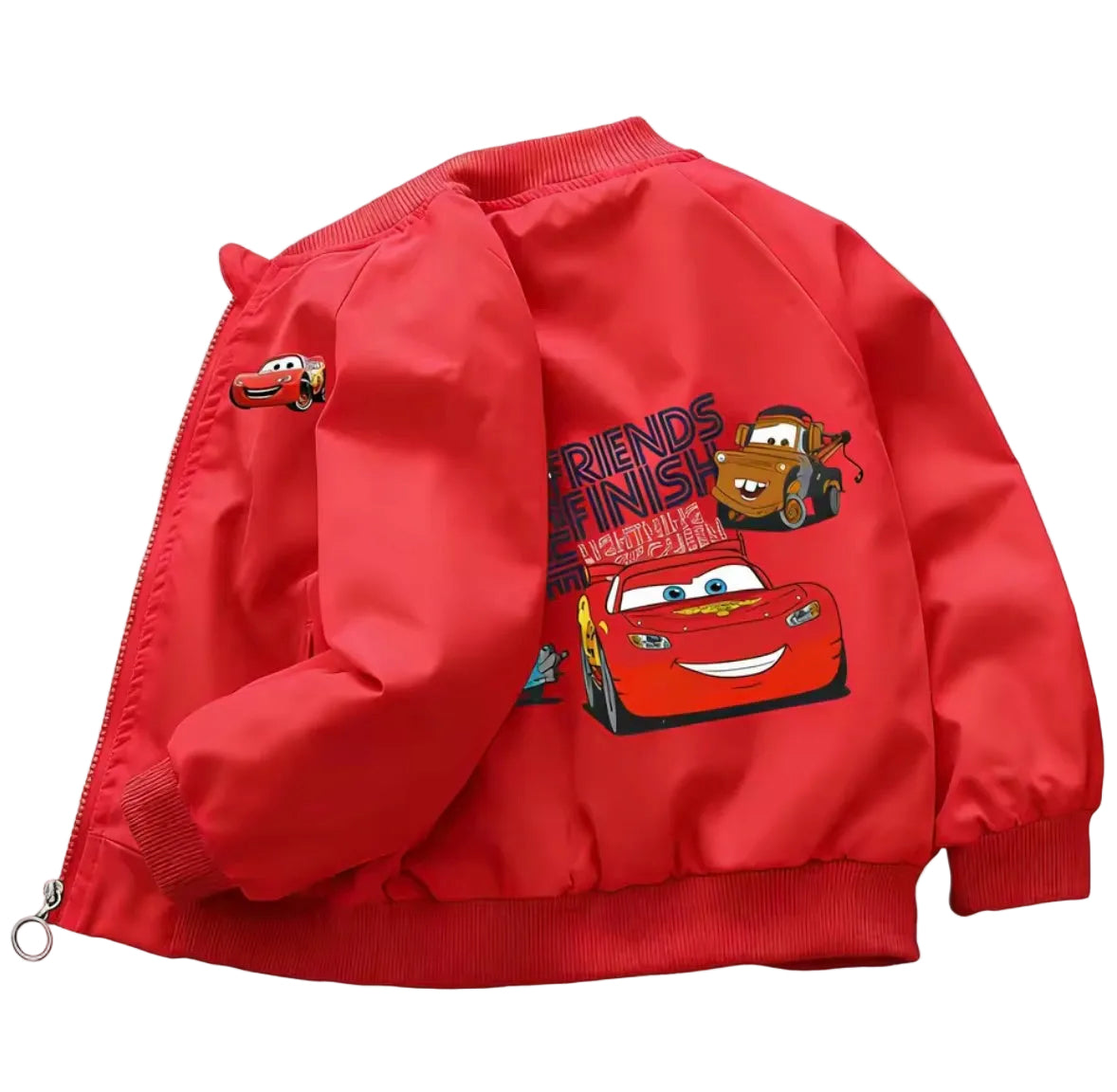 Red children's jacket with cartoon characters on a white background