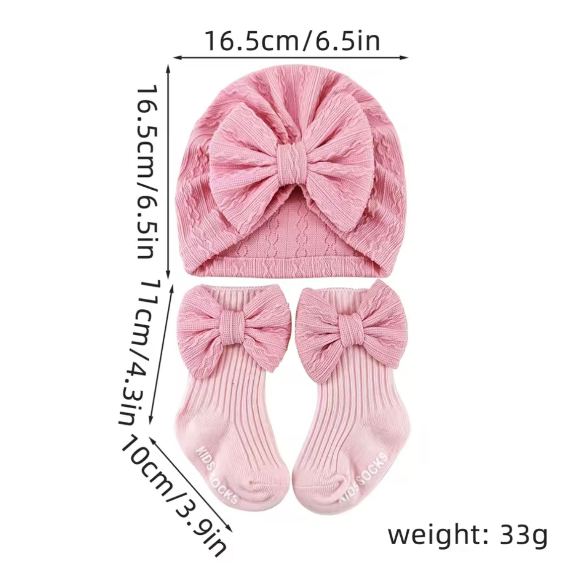 Baby Toddler Girls Bowknot Headscarf Hat & Matching Bowknot Socks. 5 Colours Fits 0-6M