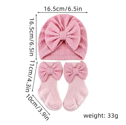 Baby Toddler Girls Bowknot Headscarf Hat & Matching Bowknot Socks. 5 Colours Fits 0-6M