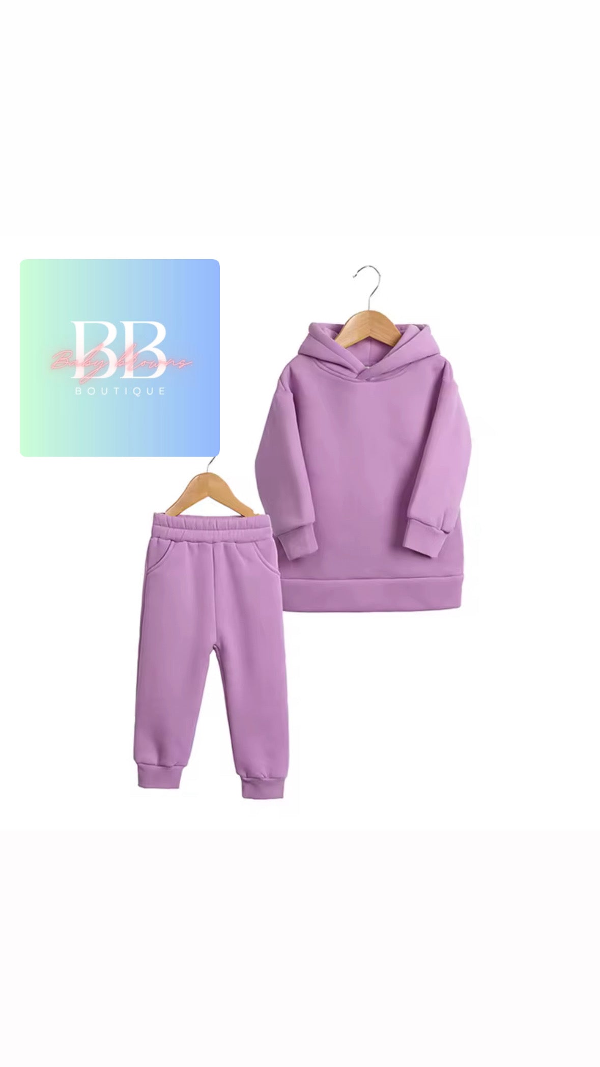 Purple hoodie and pants set with a hanger on a white background, featuring a brand logo.