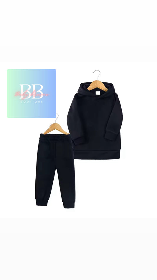 Black hoodie and pants set on hangers with a 'BB' logo in the corner.