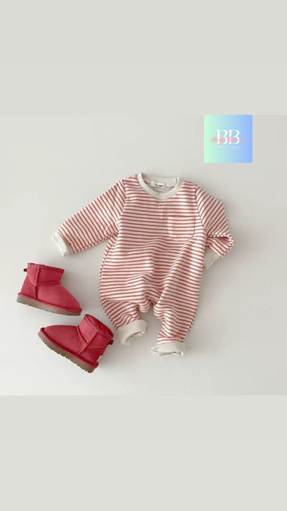 Baby/Toddler Long sleeved Fleece Lined Striped Romper. 4 colours, 6-24M.