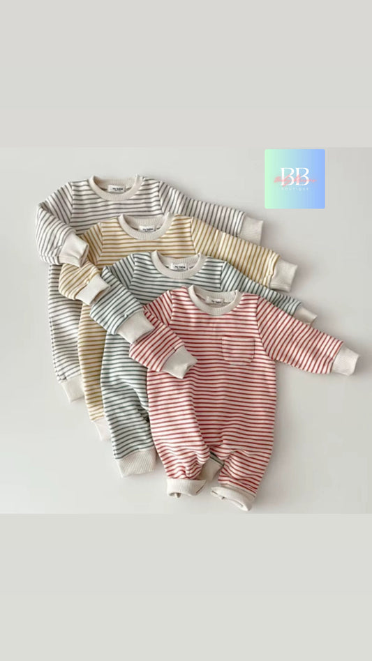 Baby/Toddler Long sleeved Fleece Lined Striped Romper. 4 colours, 6-24M.