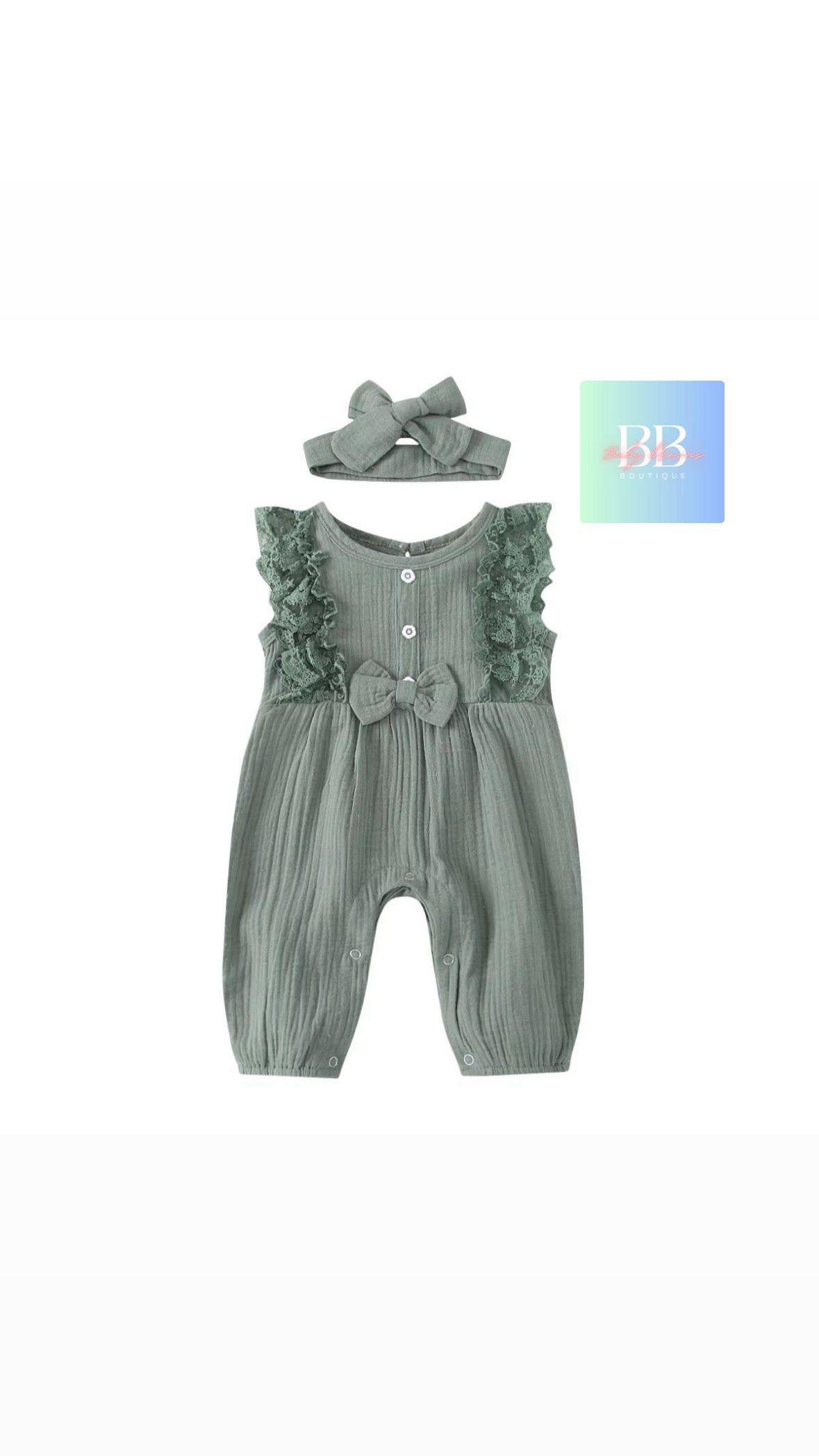 Baby/Toddler, Girls Sleeveless Romper with Lace, Cute Bow & Matching Headband. 6-24M, 5 colours.
