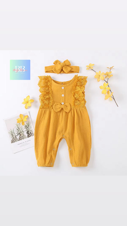 Baby/Toddler, Girls Sleeveless Romper with Lace, Cute Bow & Matching Headband. 6-24M, 5 colours.