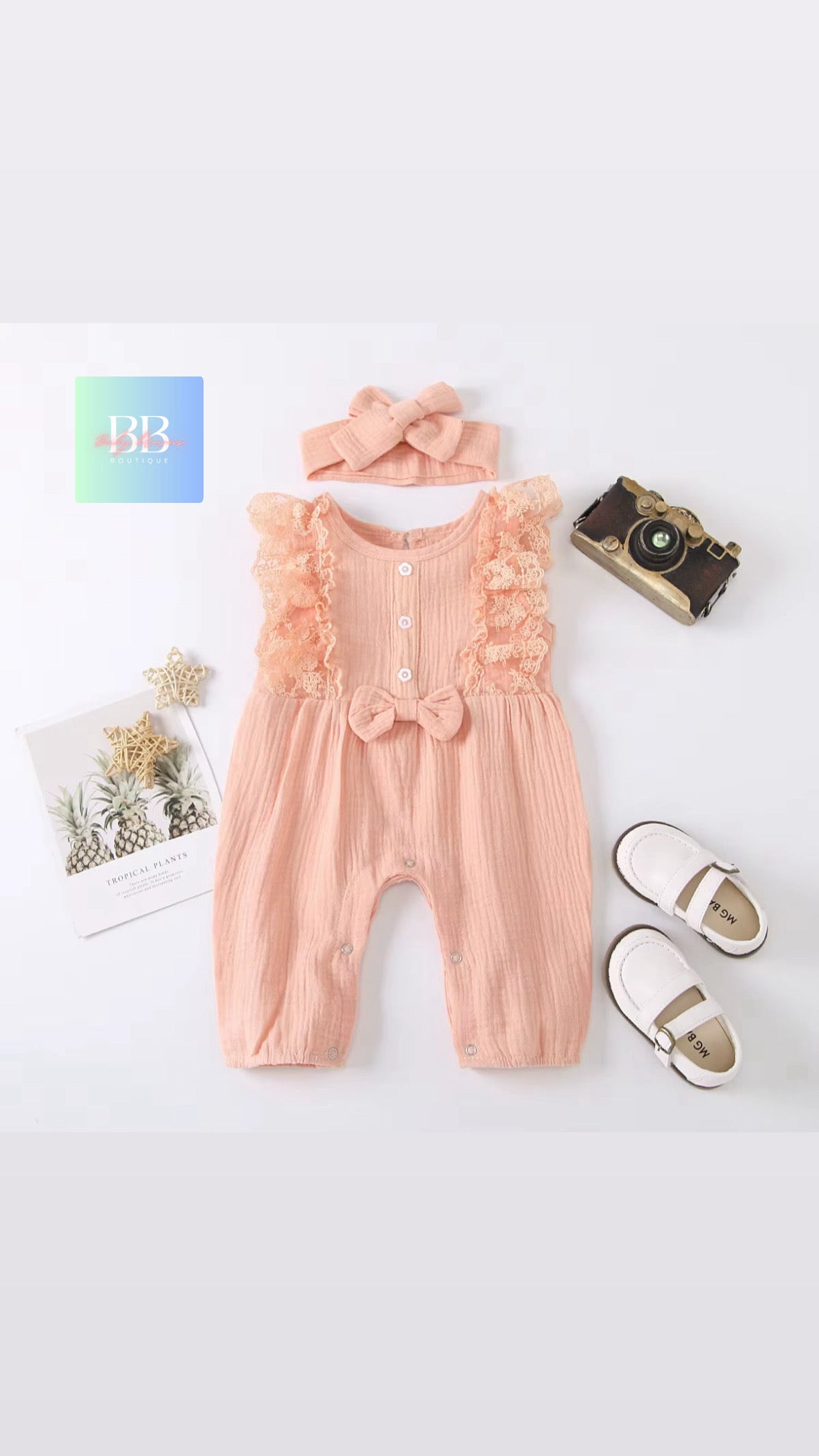 Baby/Toddler, Girls Sleeveless Romper with Lace, Cute Bow & Matching Headband. 6-24M, 5 colours.