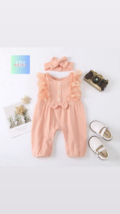 Baby/Toddler, Girls Sleeveless Romper with Lace, Cute Bow & Matching Headband. 6-24M, 5 colours.
