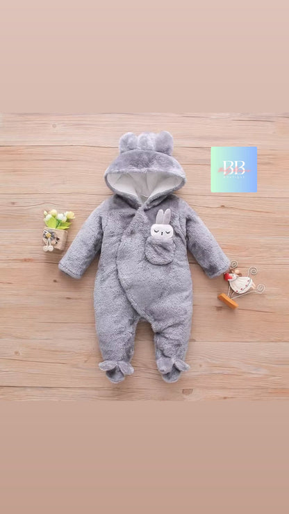 Baby/Toddler Velour Outdoor Romper with cute Hood. 0-18M, 8 variants.