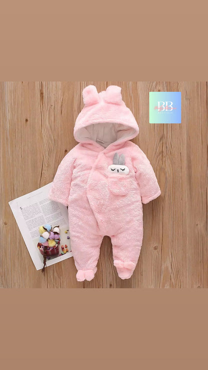 Baby/Toddler Velour Outdoor Romper with cute Hood. 0-18M, 8 variants.